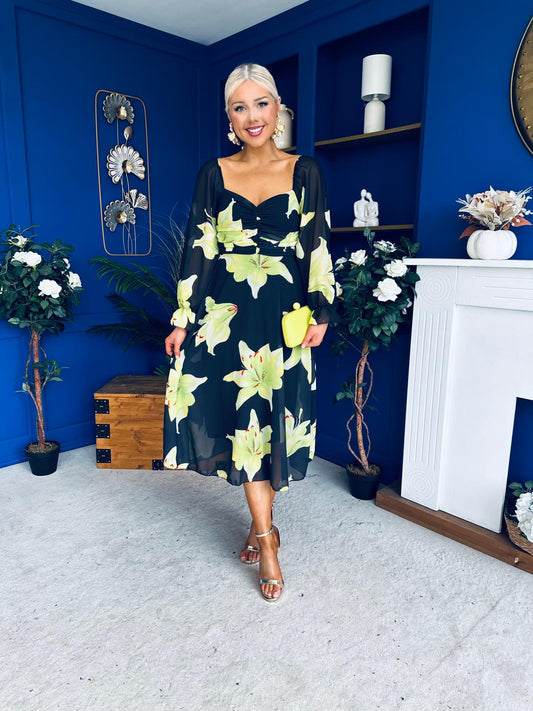 Ailbhe Detailed Midi Dress Floral Green/Black