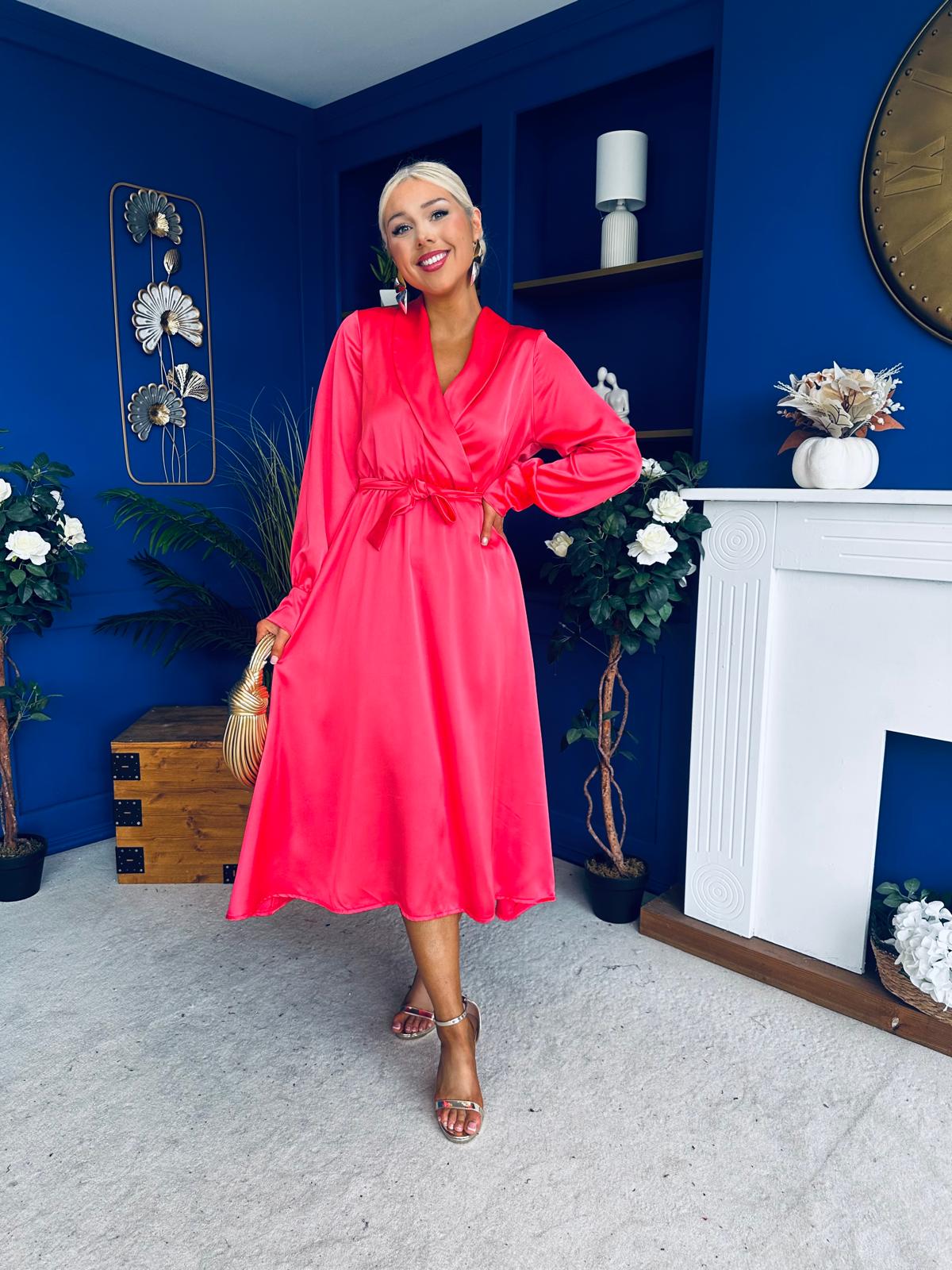 Sadhbh Detailed Satin Midi Dress Coral