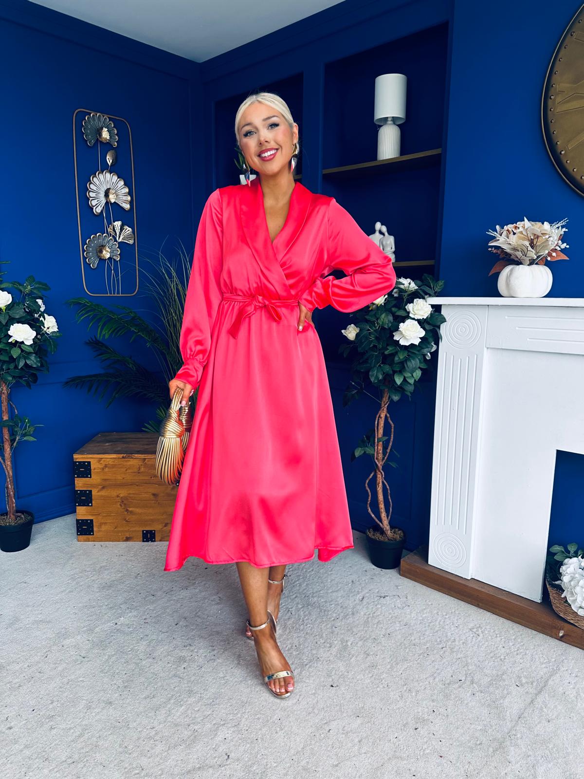 Sadhbh Detailed Satin Midi Dress Coral