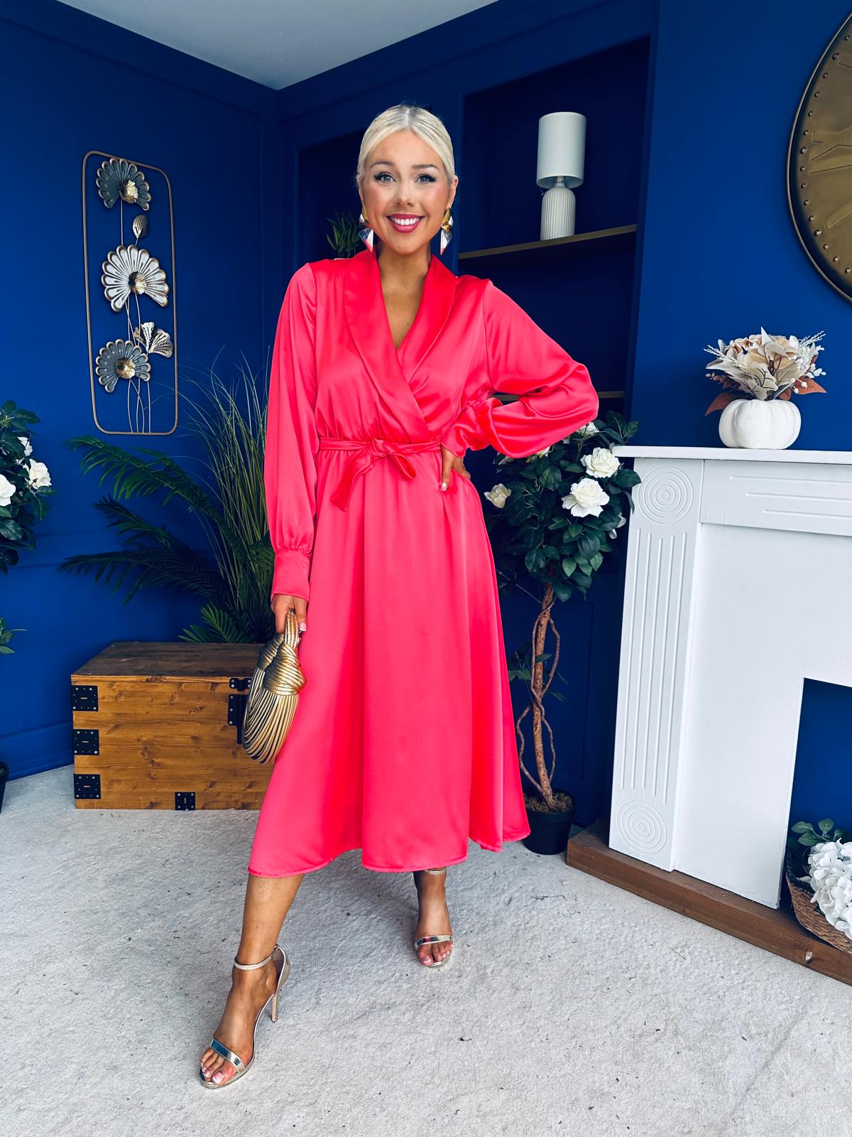 Sadhbh Detailed Satin Midi Dress Coral