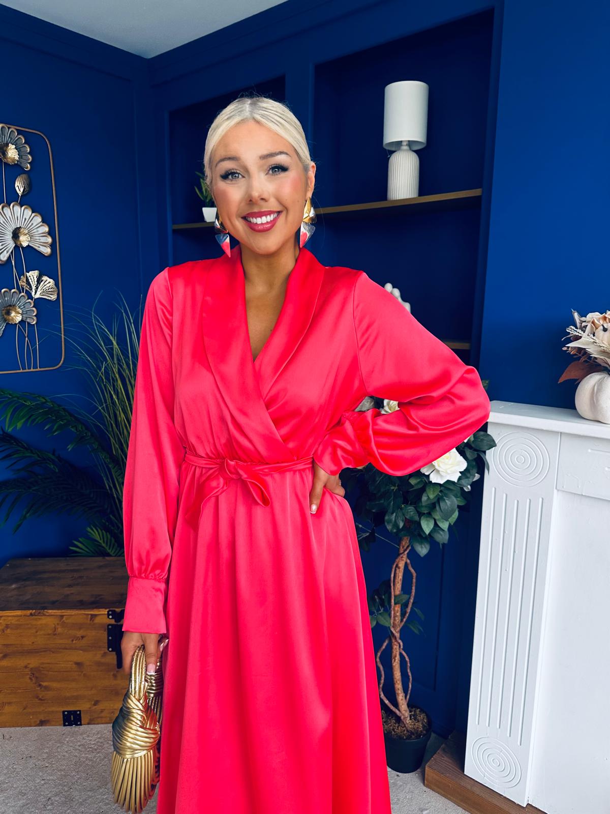 Sadhbh Detailed Satin Midi Dress Coral