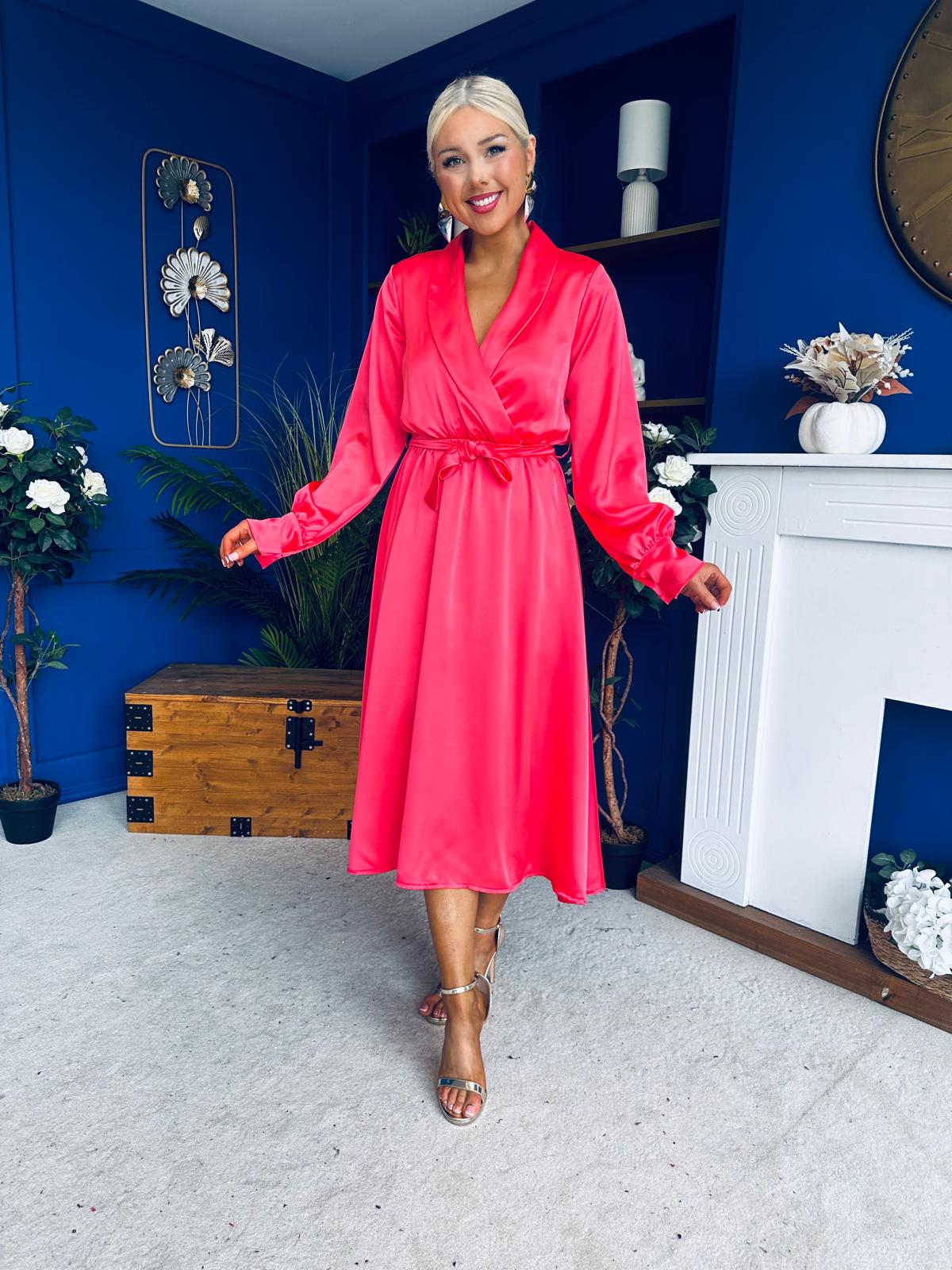 Sadhbh Detailed Satin Midi Dress Coral