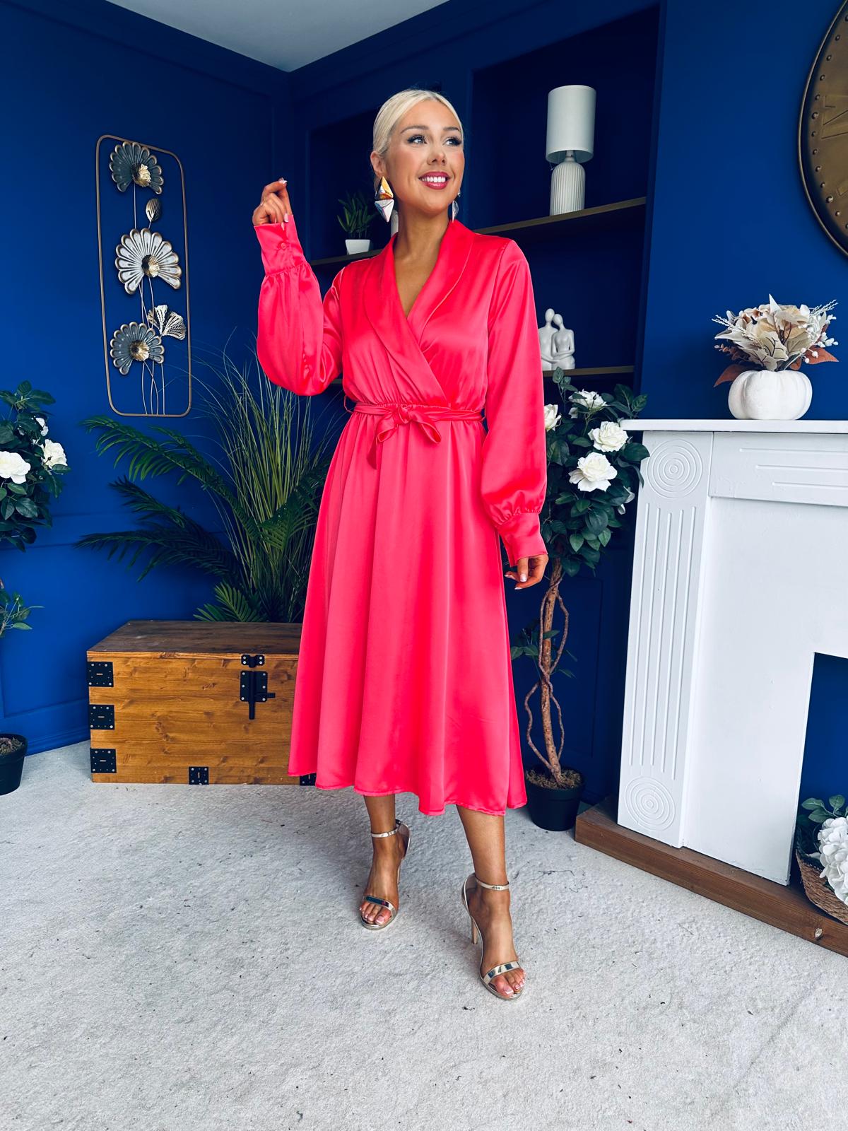 Sadhbh Detailed Satin Midi Dress Coral