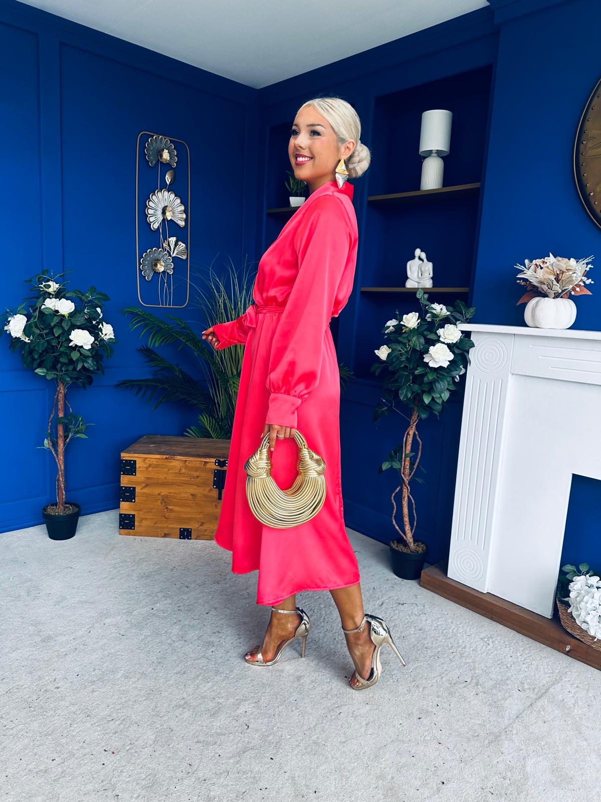 Sadhbh Detailed Satin Midi Dress Coral