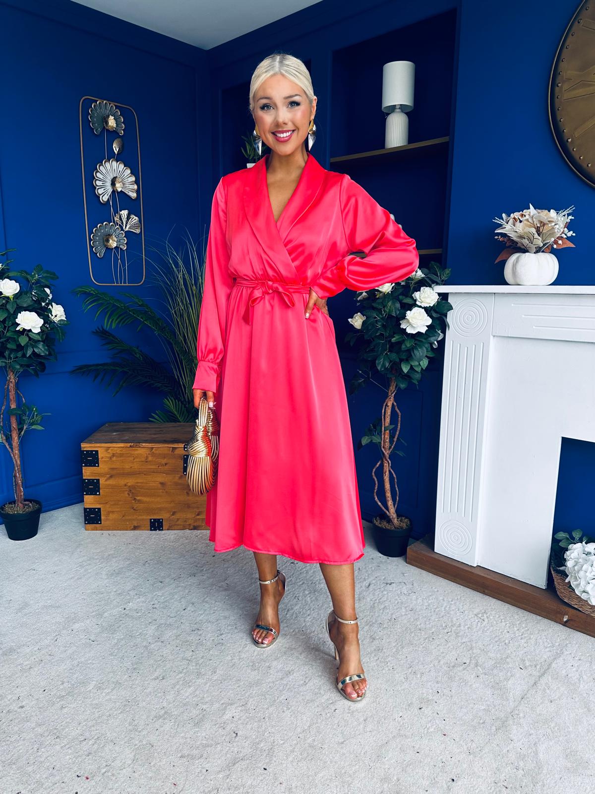 Sadhbh Detailed Satin Midi Dress Coral