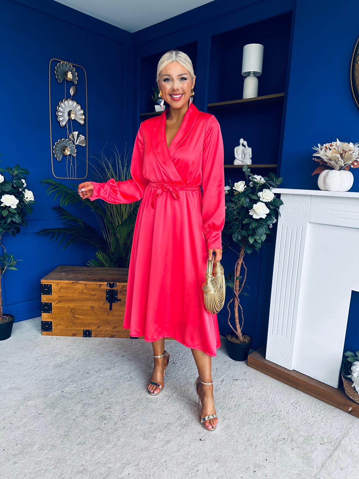 Sadhbh Detailed Satin Midi Dress Coral