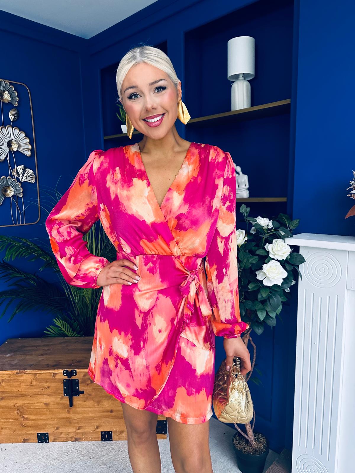 Rowan Detaild Mini Dress Marble Fuchsia