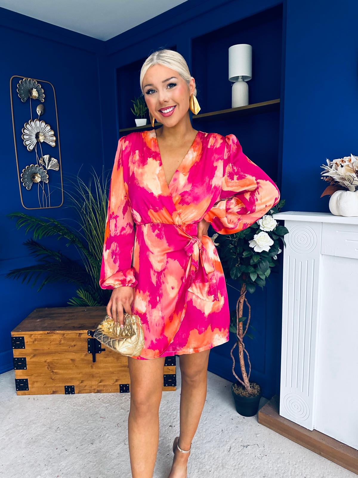 Rowan Detaild Mini Dress Marble Fuchsia