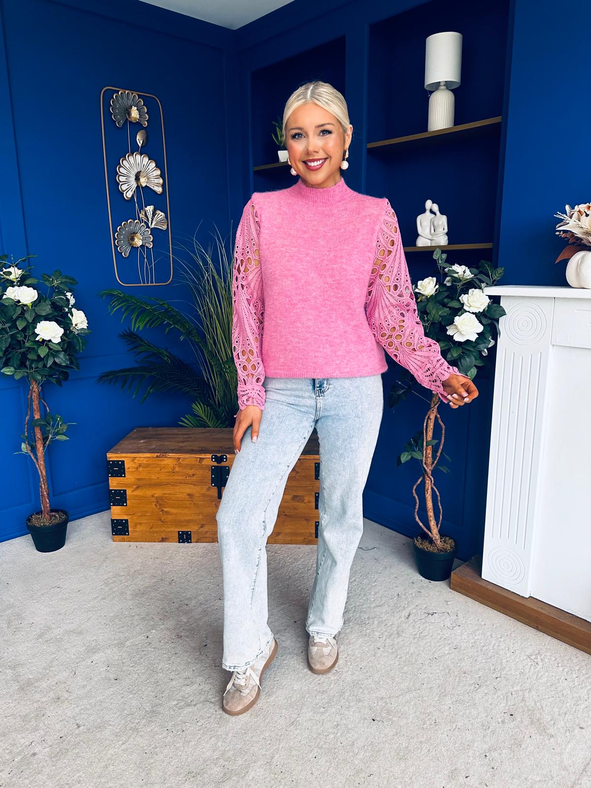 Jessy Crochet Sleeve Jumper Pink