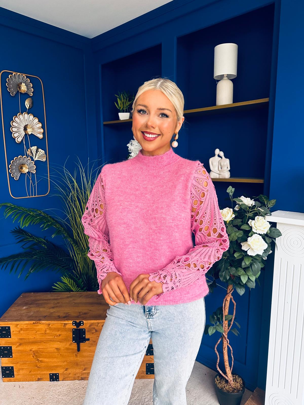 Jessy Crochet Sleeve Jumper Pink