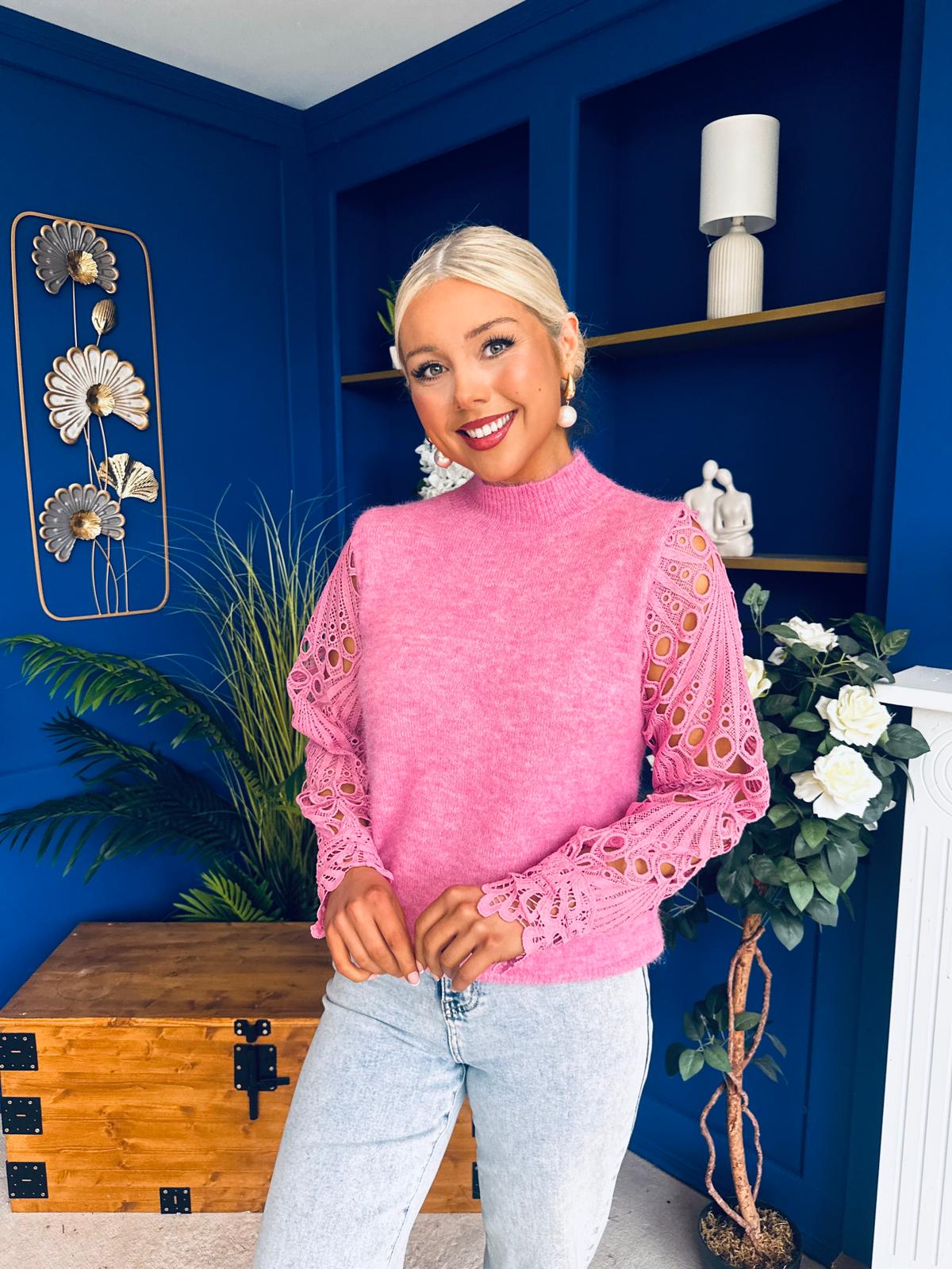 Jessy Crochet Sleeve Jumper Pink