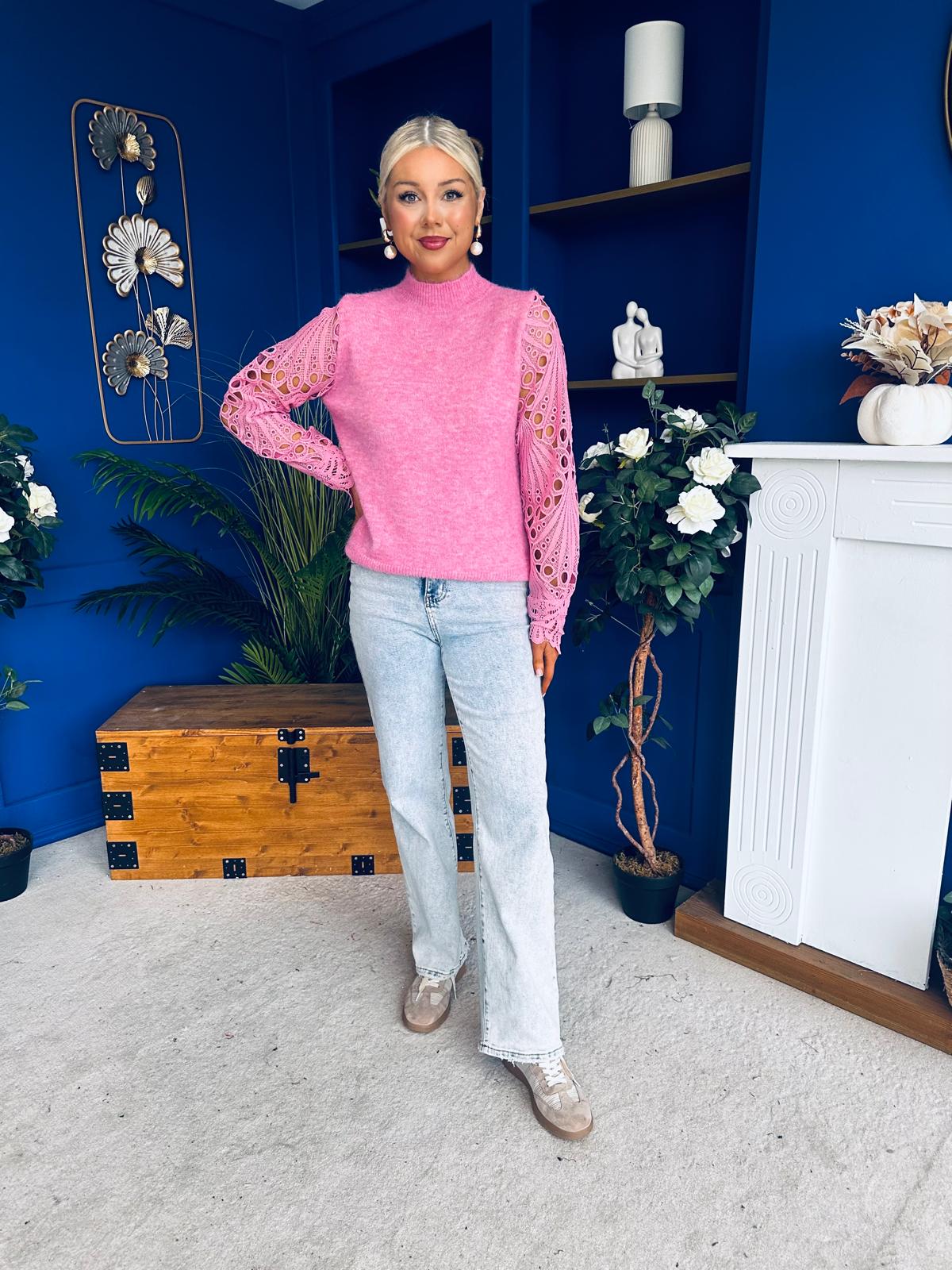 Jessy Crochet Sleeve Jumper Pink