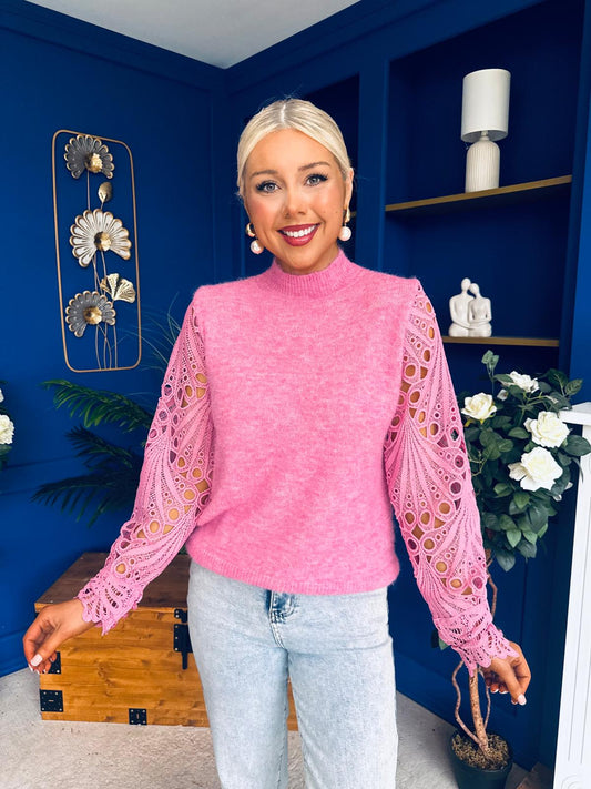 Jessy Crochet Sleeve Jumper Pink
