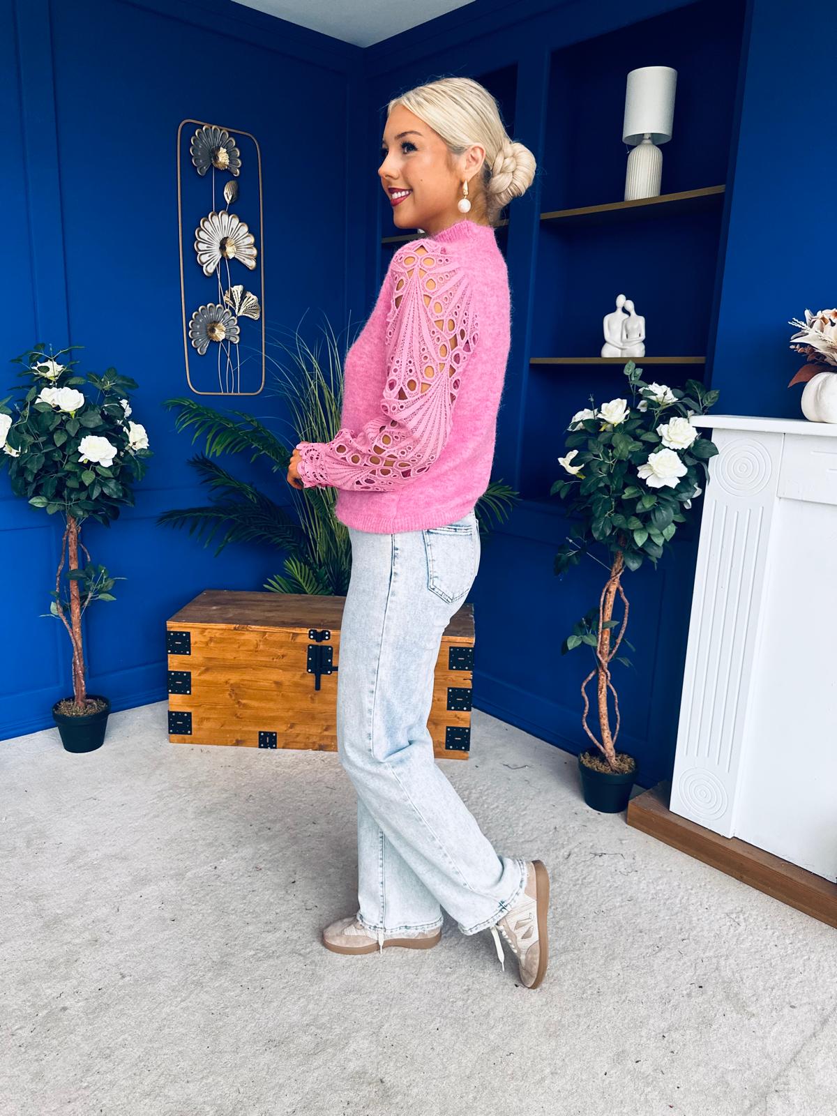 Jessy Crochet Sleeve Jumper Pink