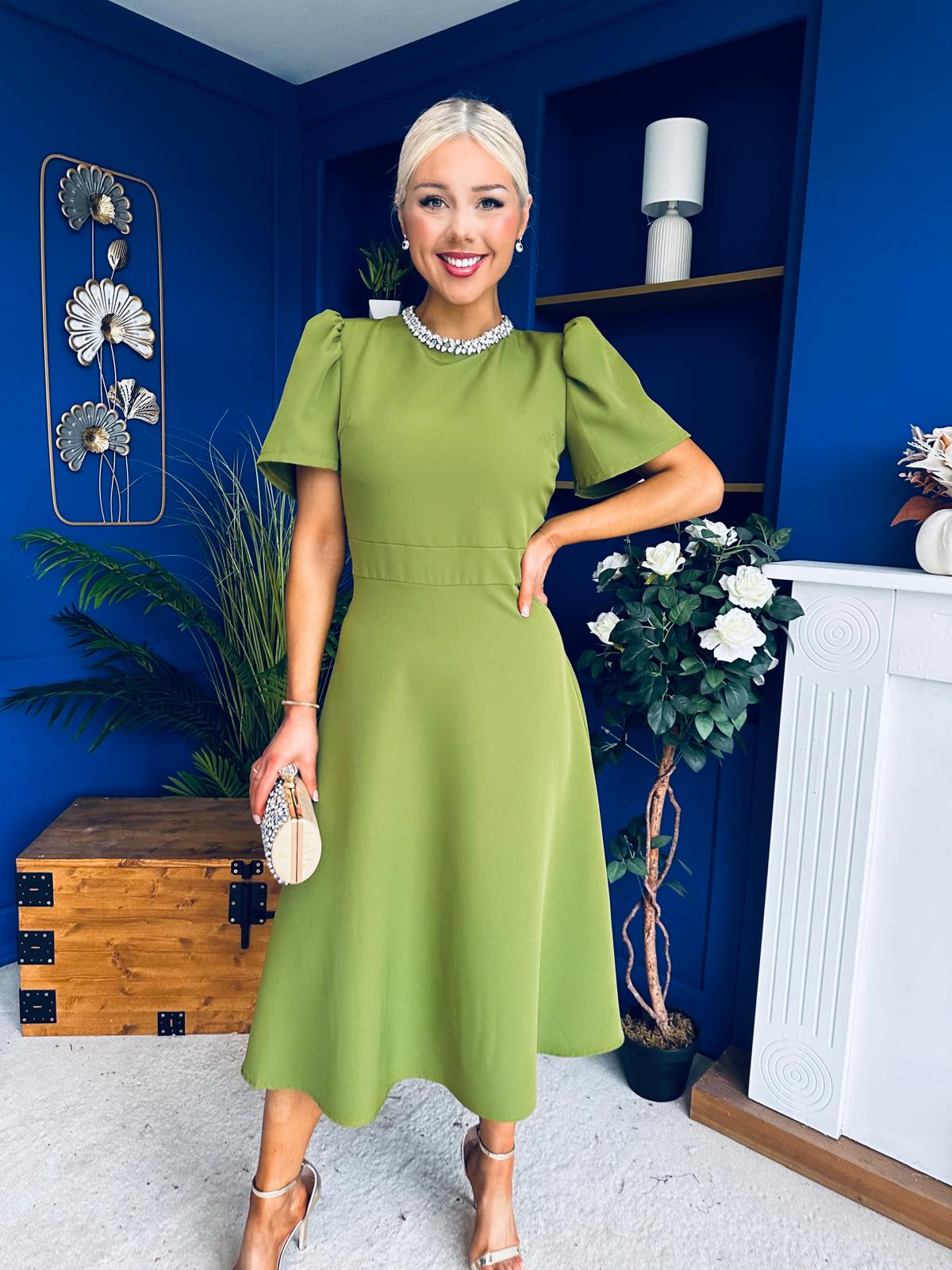 Madison Embellished Occasion Dress Olive