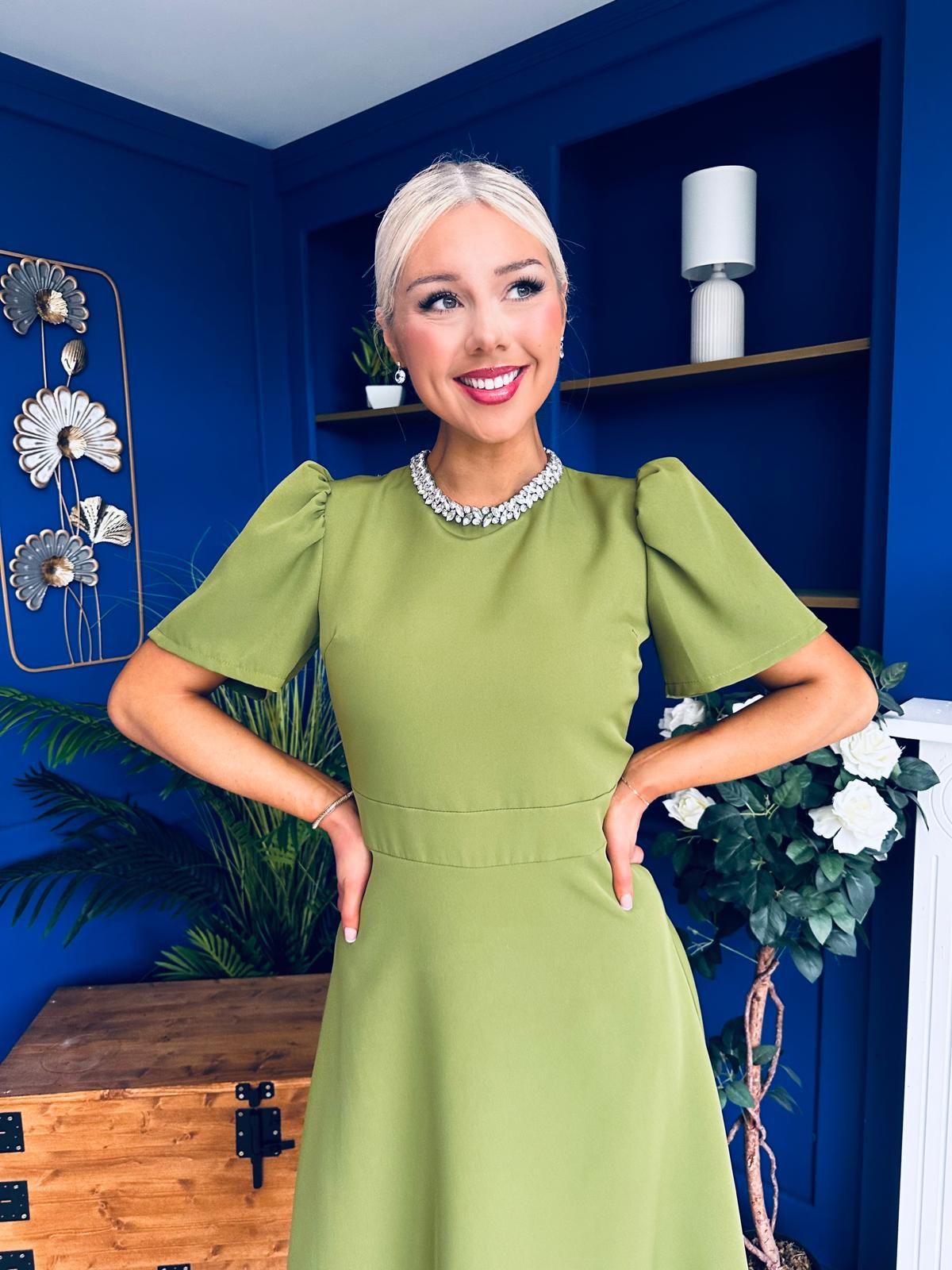 Madison Embellished Occasion Dress Olive