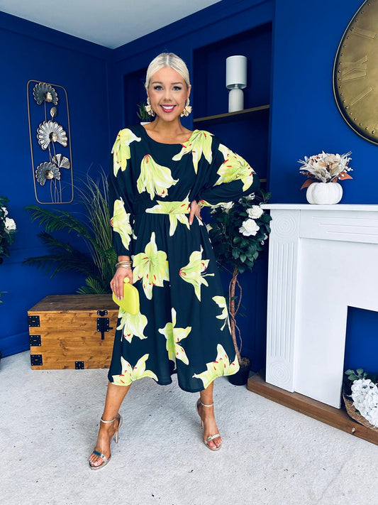 Eabha Detailed Midi Dress Floral Green/Black