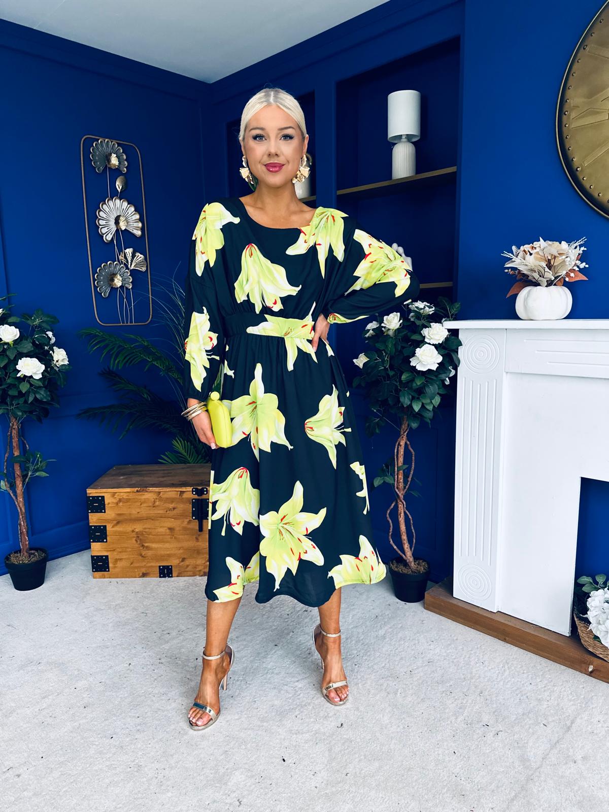 Eabha Detailed Midi Dress Floral Green/Black