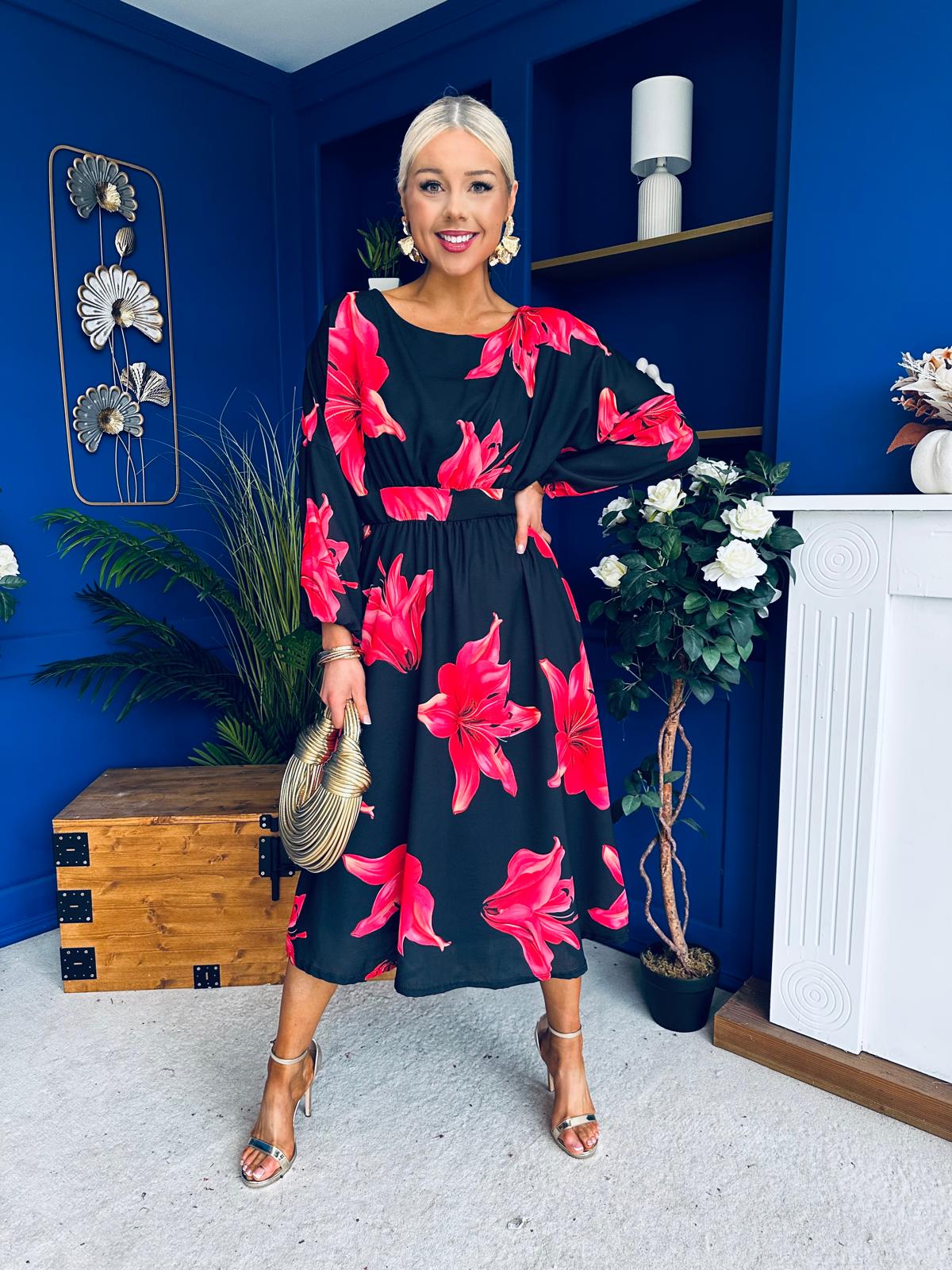 Eabha Detailed Midi Dress Floral Red/Black