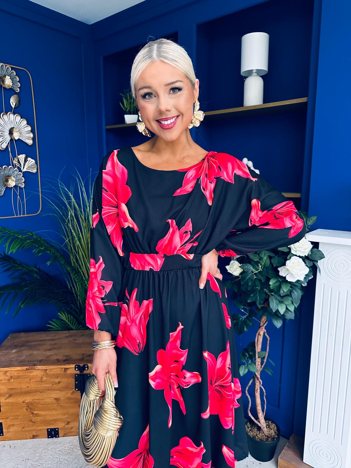 Eabha Detailed Midi Dress Floral Red/Black