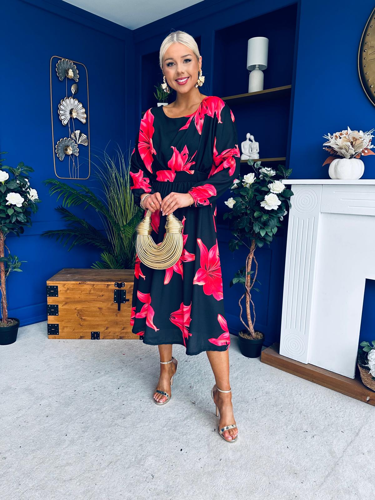 Eabha Detailed Midi Dress Floral Red/Black