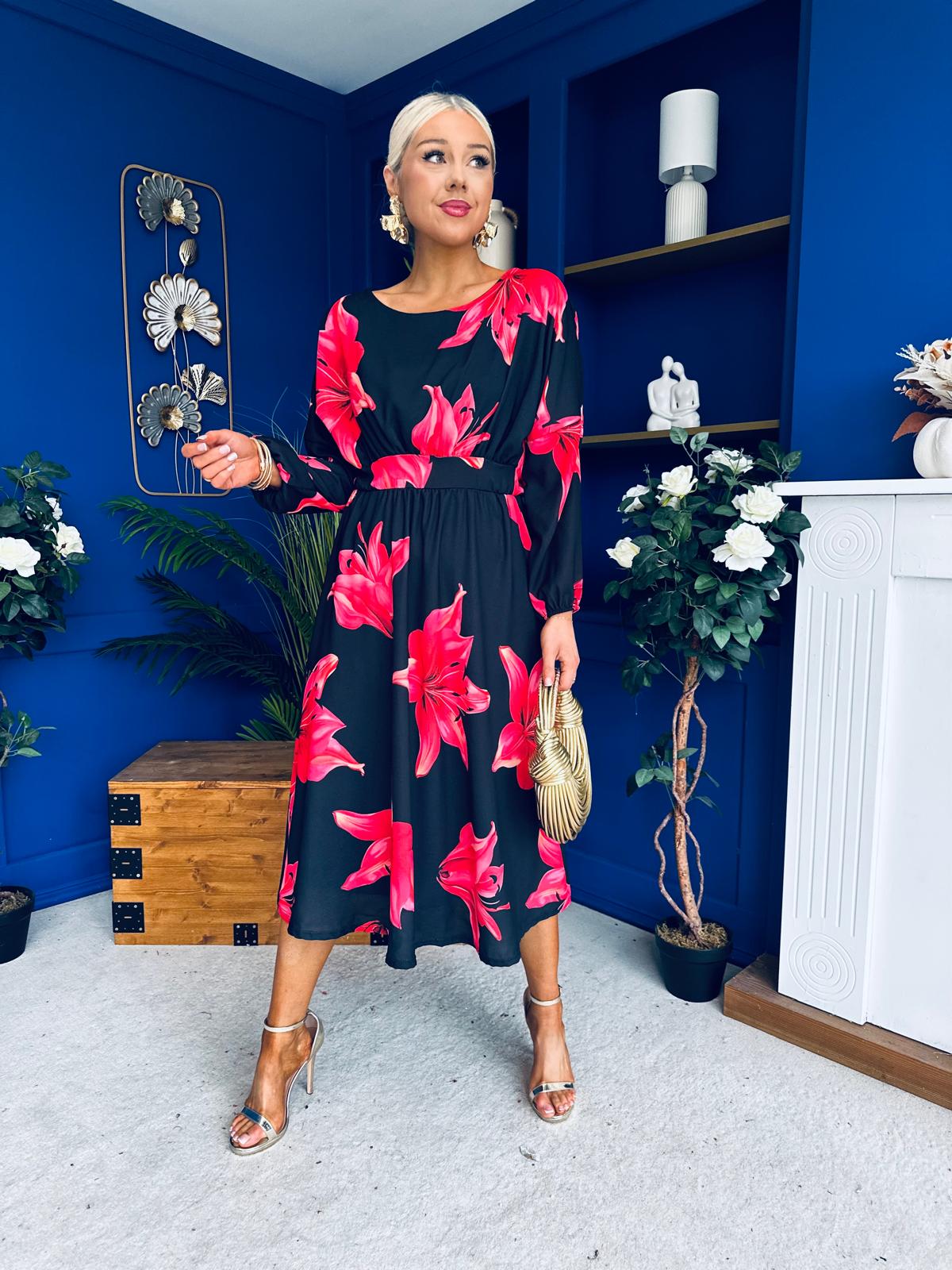 Eabha Detailed Midi Dress Floral Red/Black