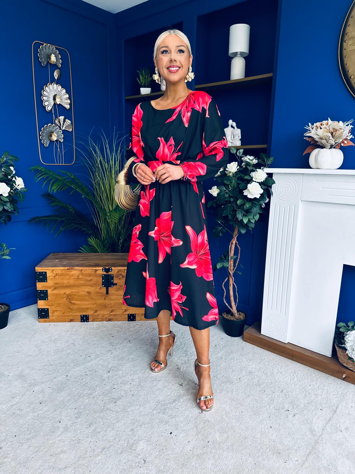 Eabha Detailed Midi Dress Floral Red/Black