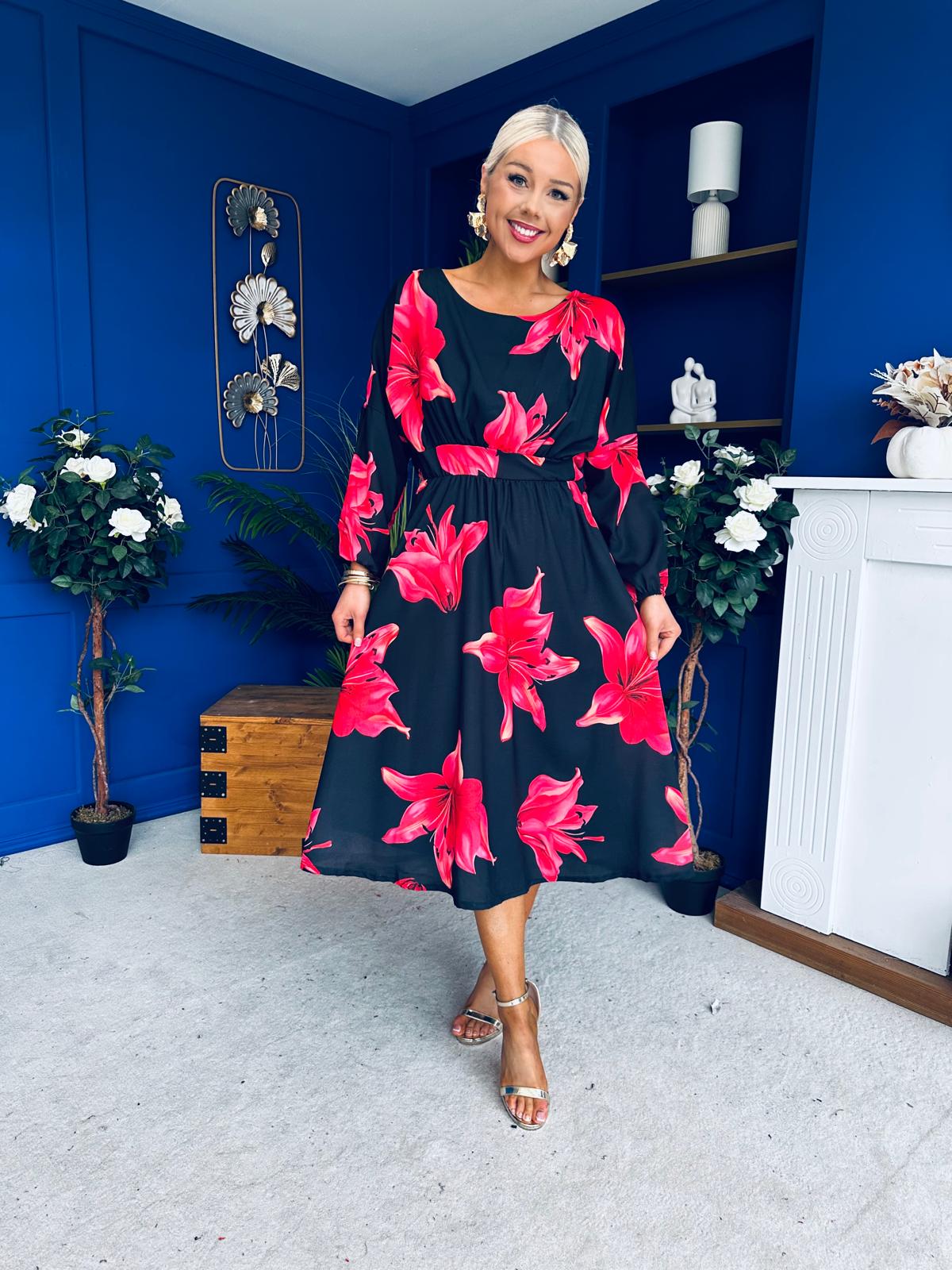 Eabha Detailed Midi Dress Floral Red/Black