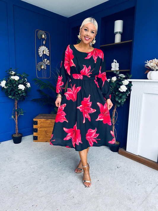 Eabha Detailed Midi Dress Floral Red/Black