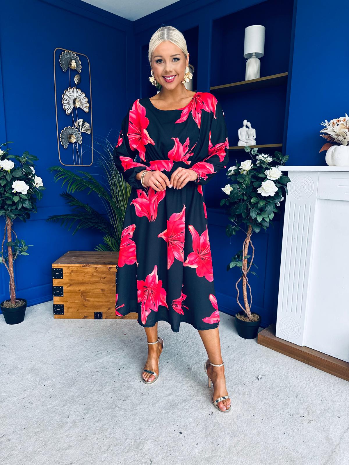 Eabha Detailed Midi Dress Floral Red/Black