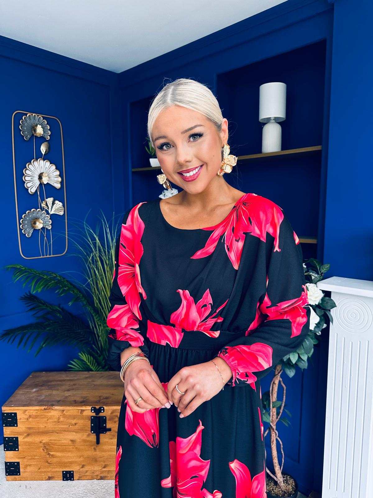 Eabha Detailed Midi Dress Floral Red/Black