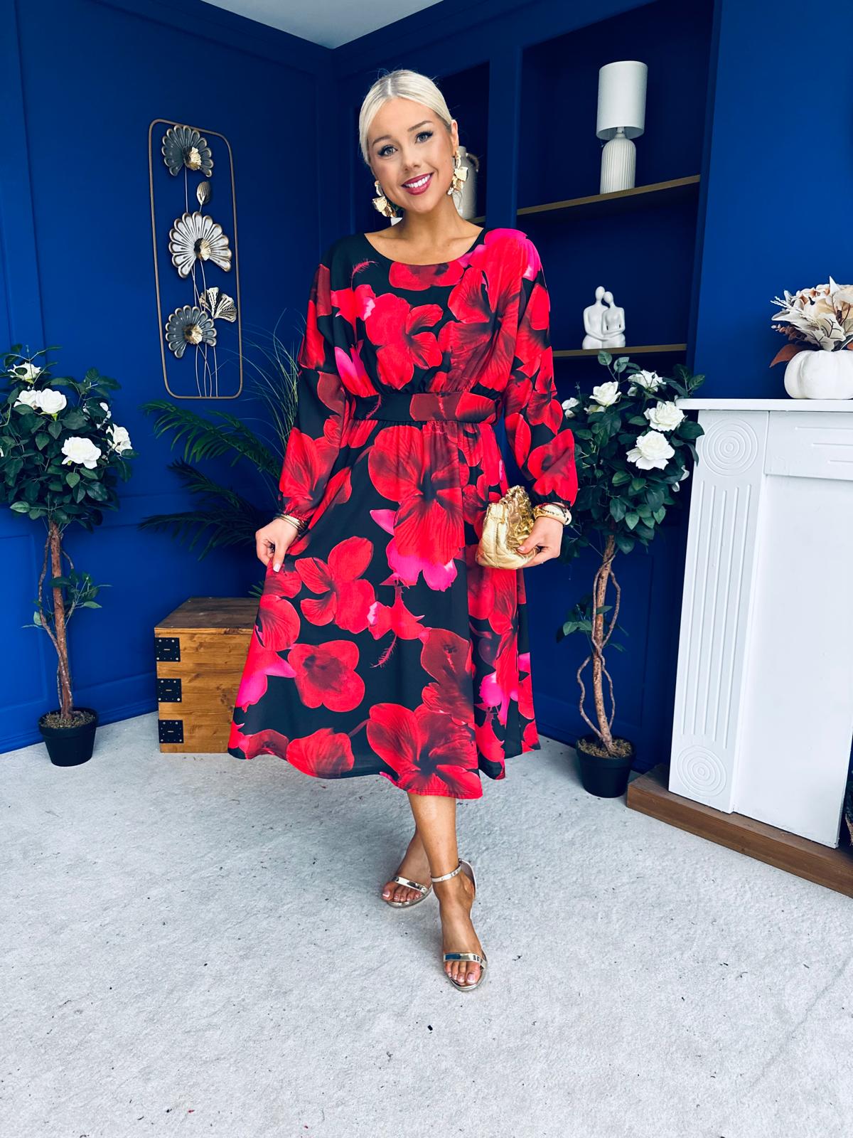 Eabha Detailed Midi Dress Floral Rouge