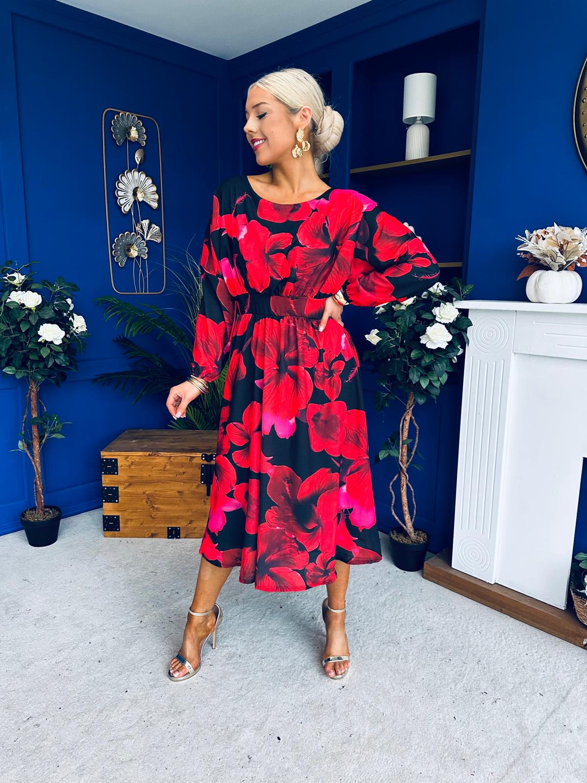 Eabha Detailed Midi Dress Floral Rouge