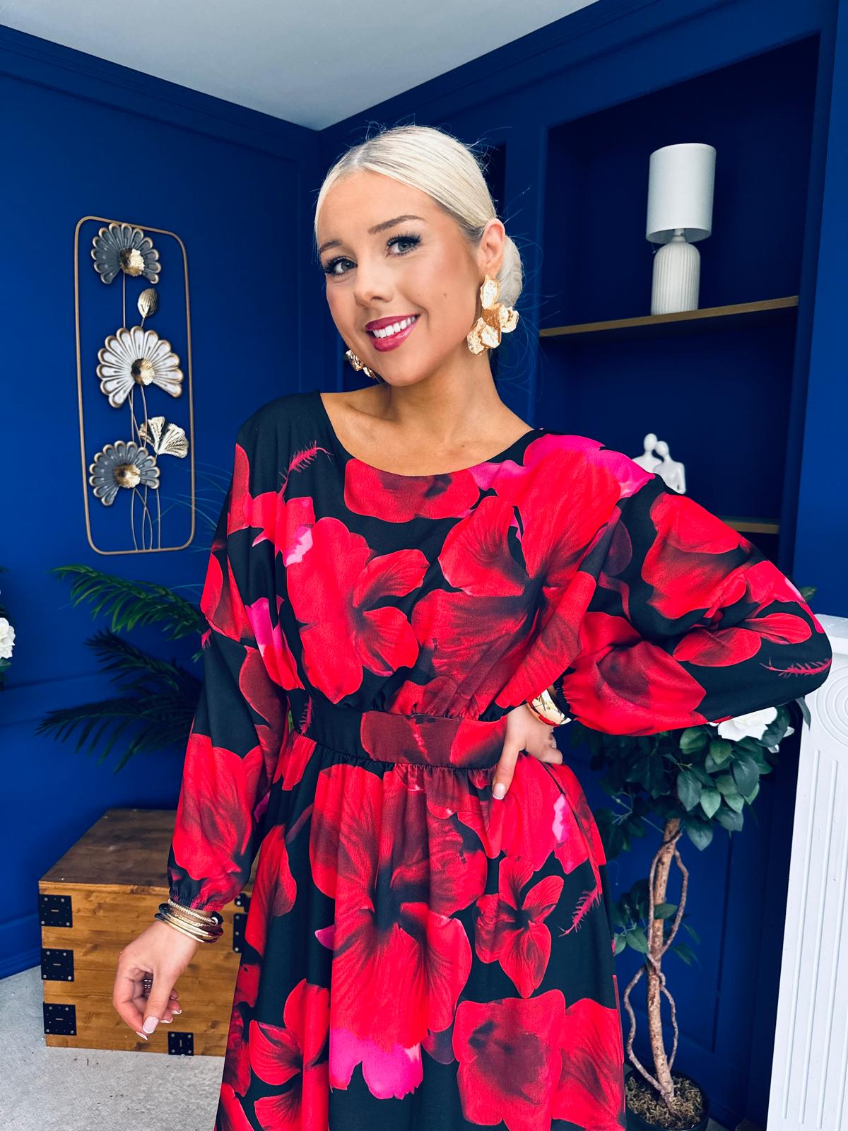 Eabha Detailed Midi Dress Floral Rouge