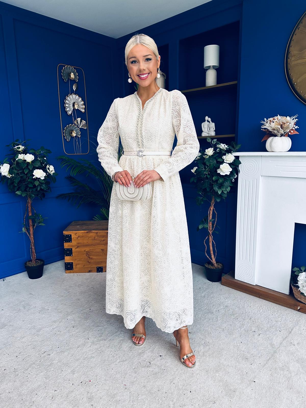 Ellie Crochet Detail Occasion Dress Almond