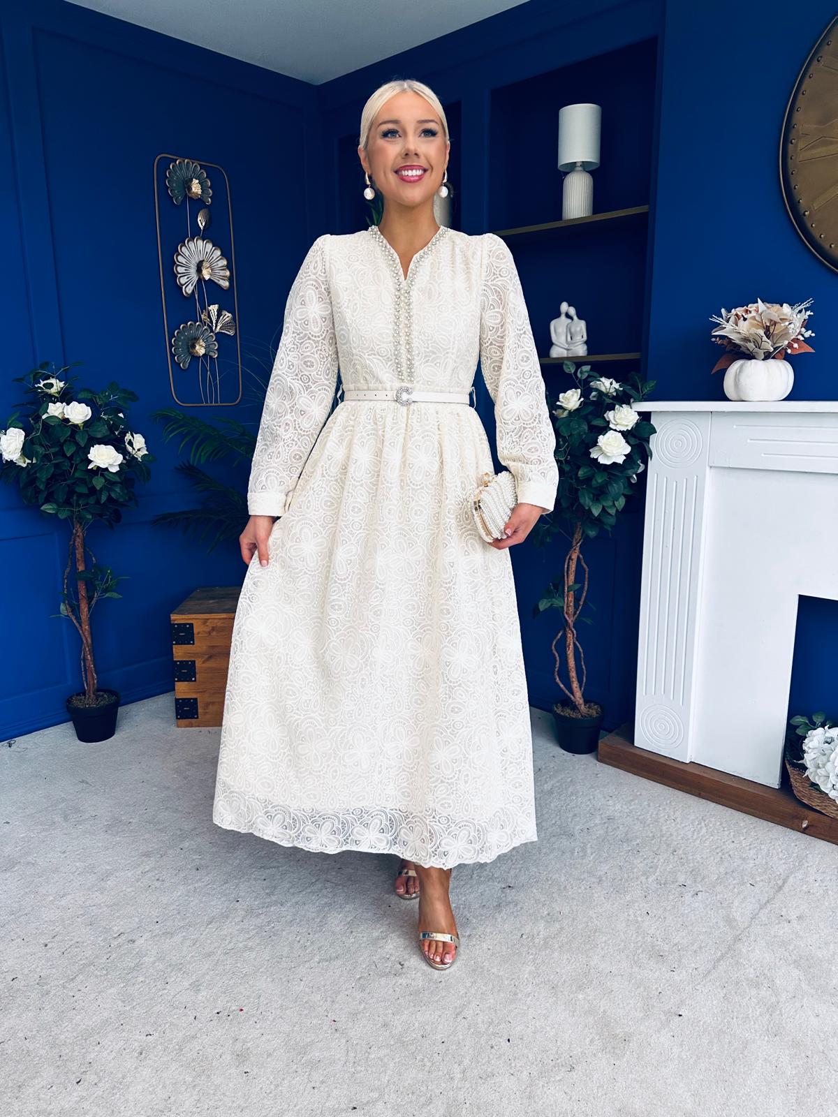 Ellie Crochet Detail Occasion Dress Almond