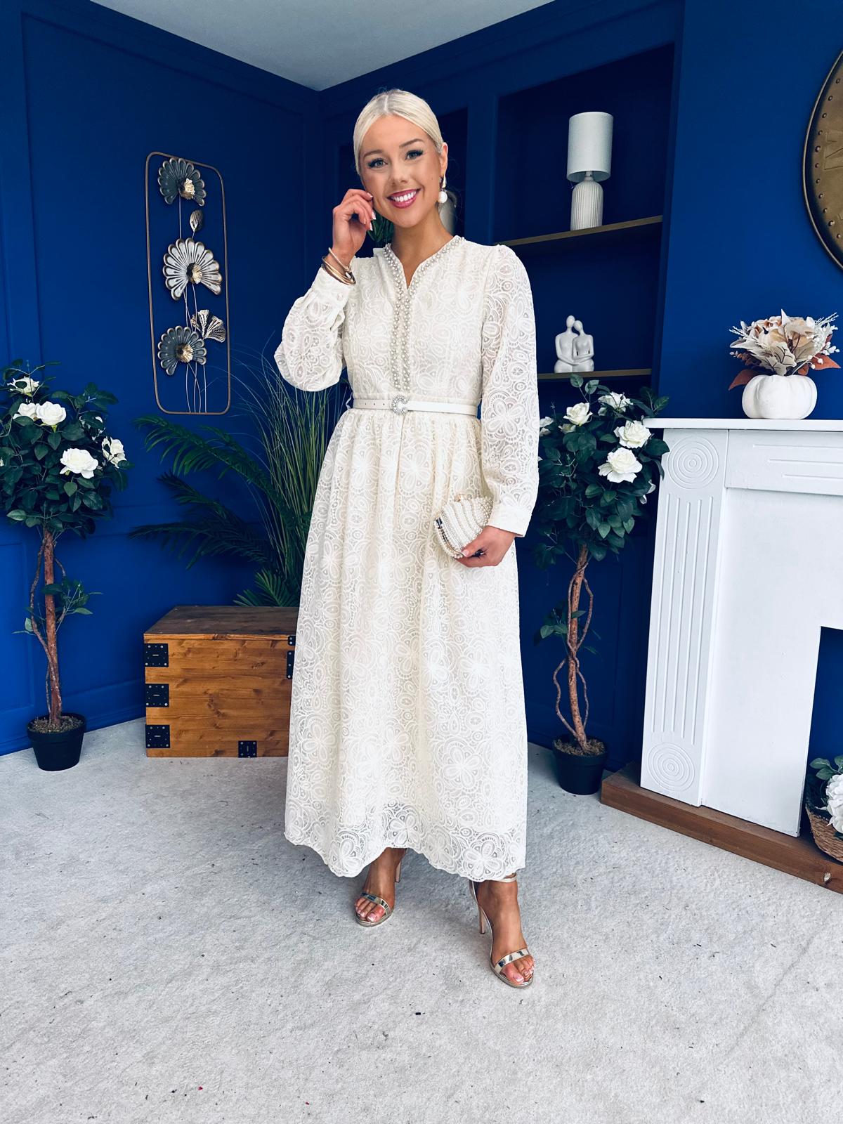 Ellie Crochet Detail Occasion Dress Almond