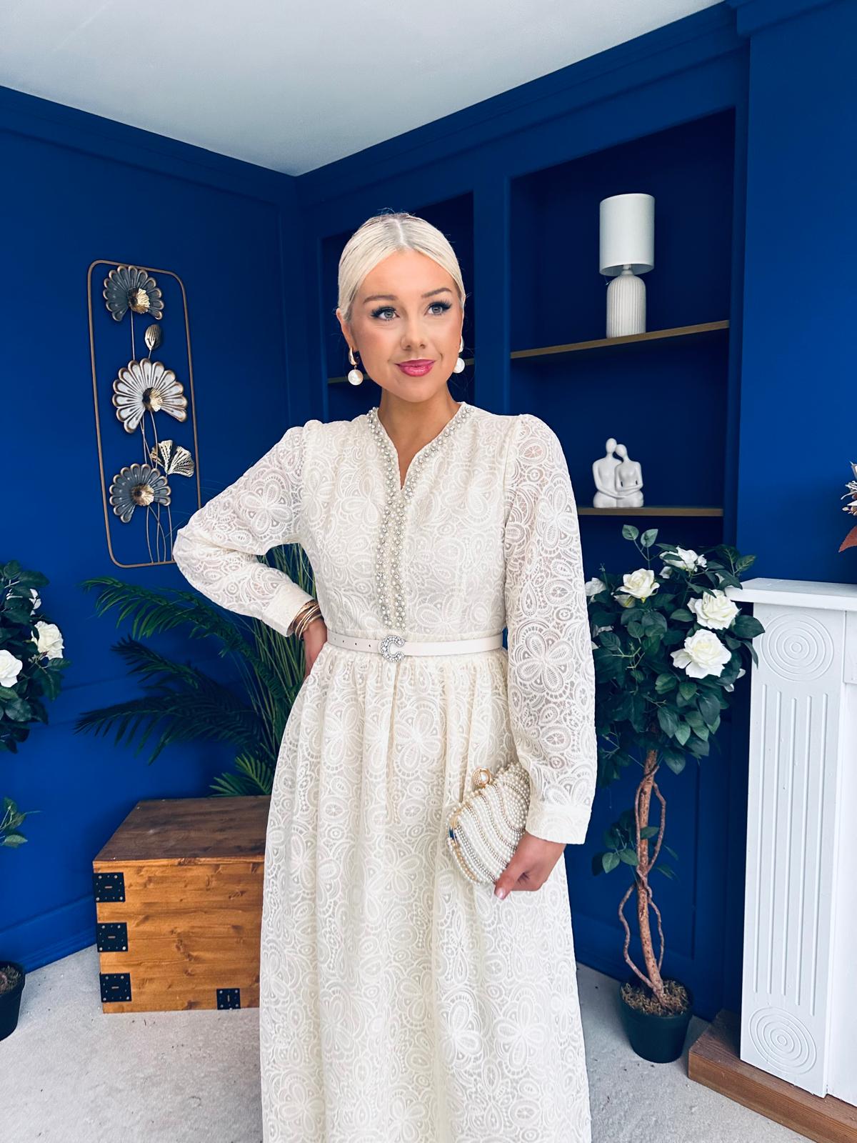 Ellie Crochet Detail Occasion Dress Almond