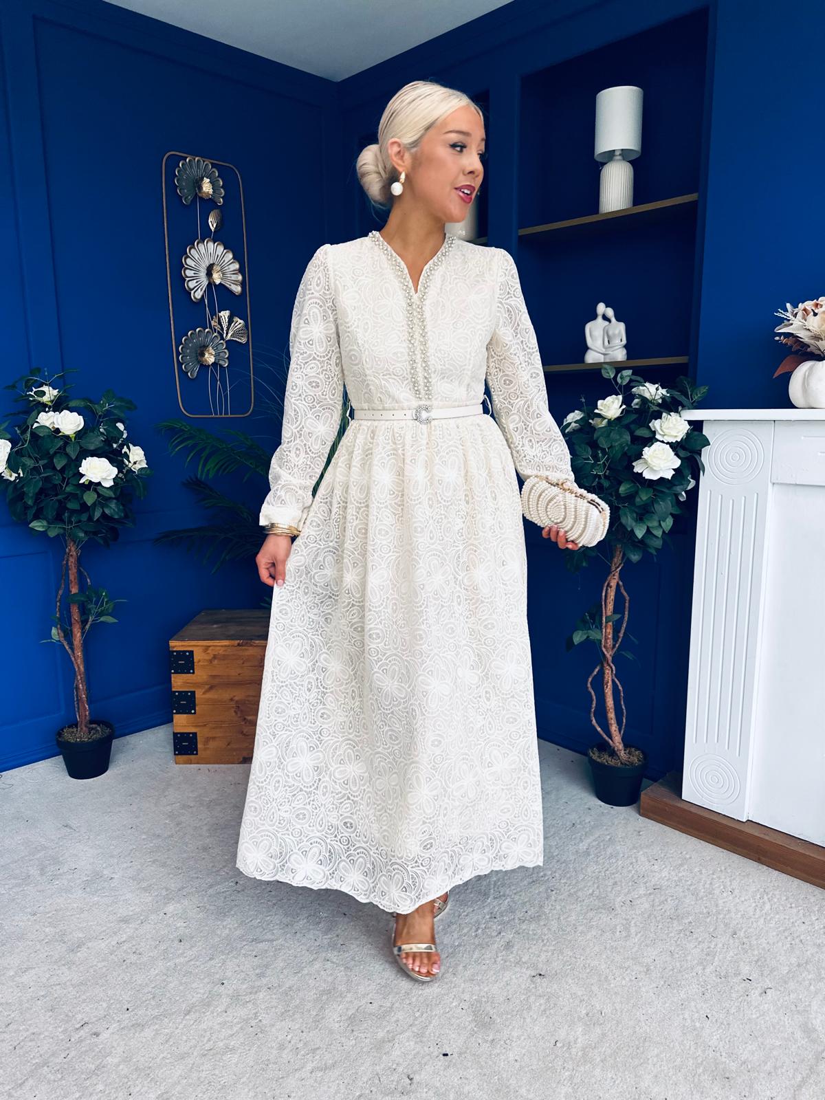 Ellie Crochet Detail Occasion Dress Almond