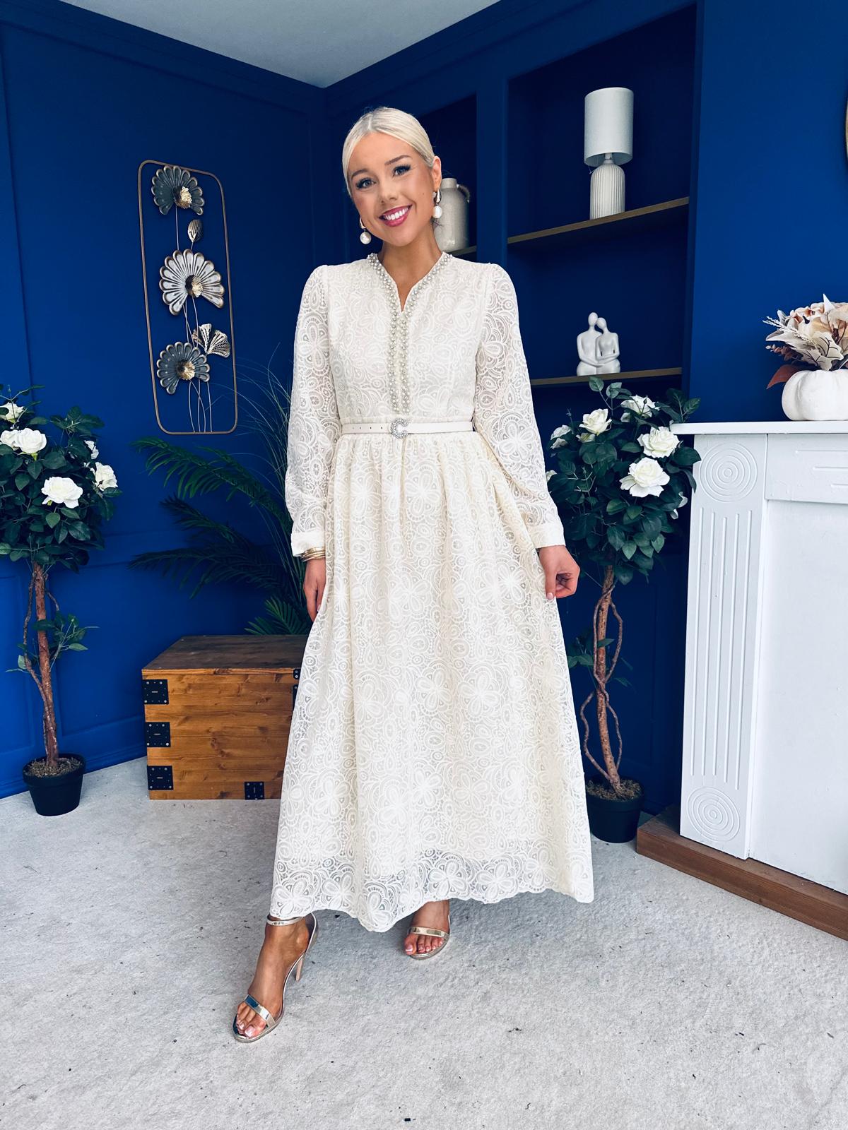 Ellie Crochet Detail Occasion Dress Almond