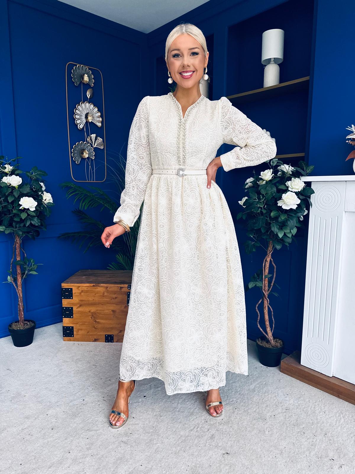 Ellie Crochet Detail Occasion Dress Almond