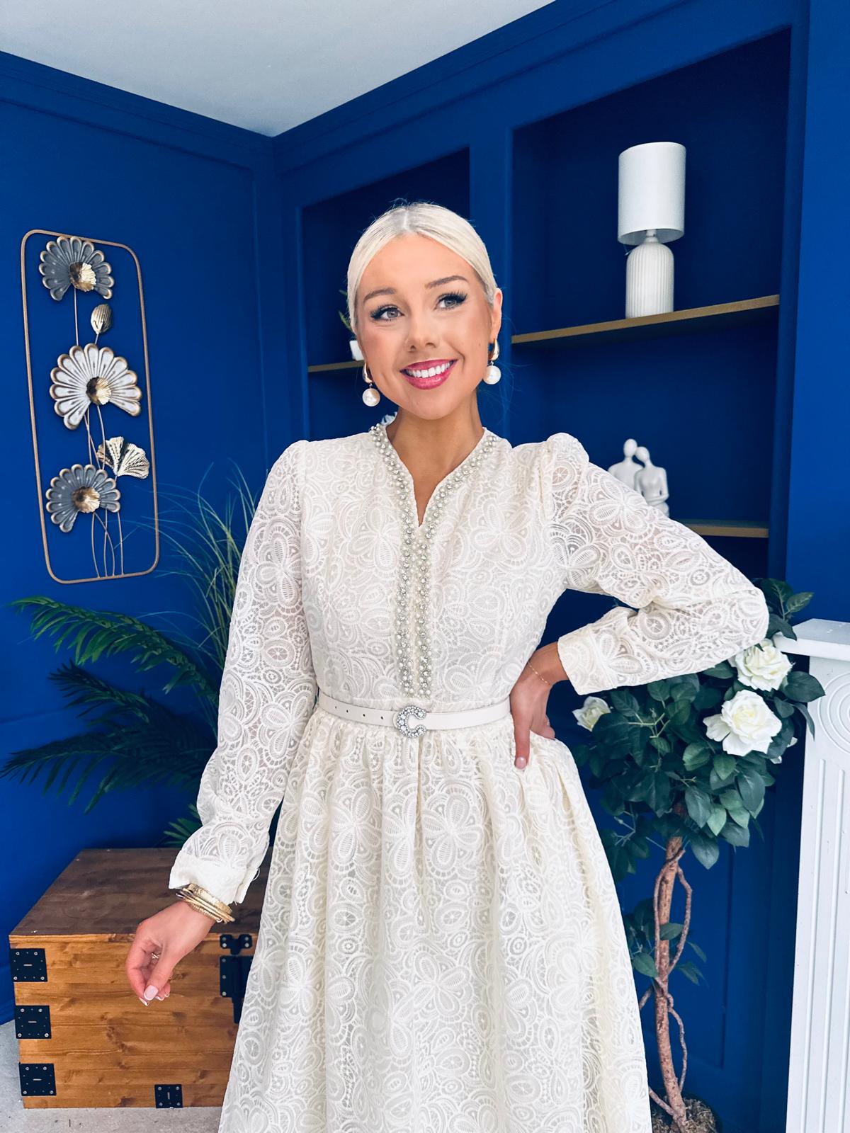 Ellie Crochet Detail Occasion Dress Almond