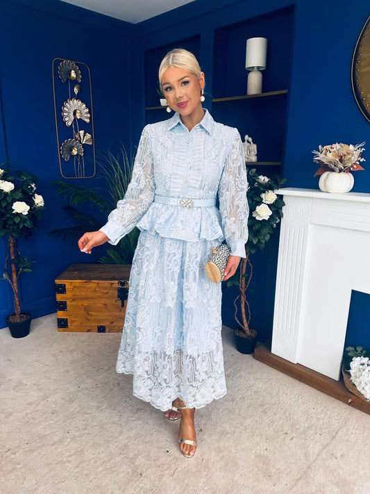 Judy Crochet Shirt & Skirt Set Pwr Blue