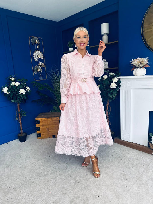 Judy Crochet Shirt & Skirt Set Pwr Pink