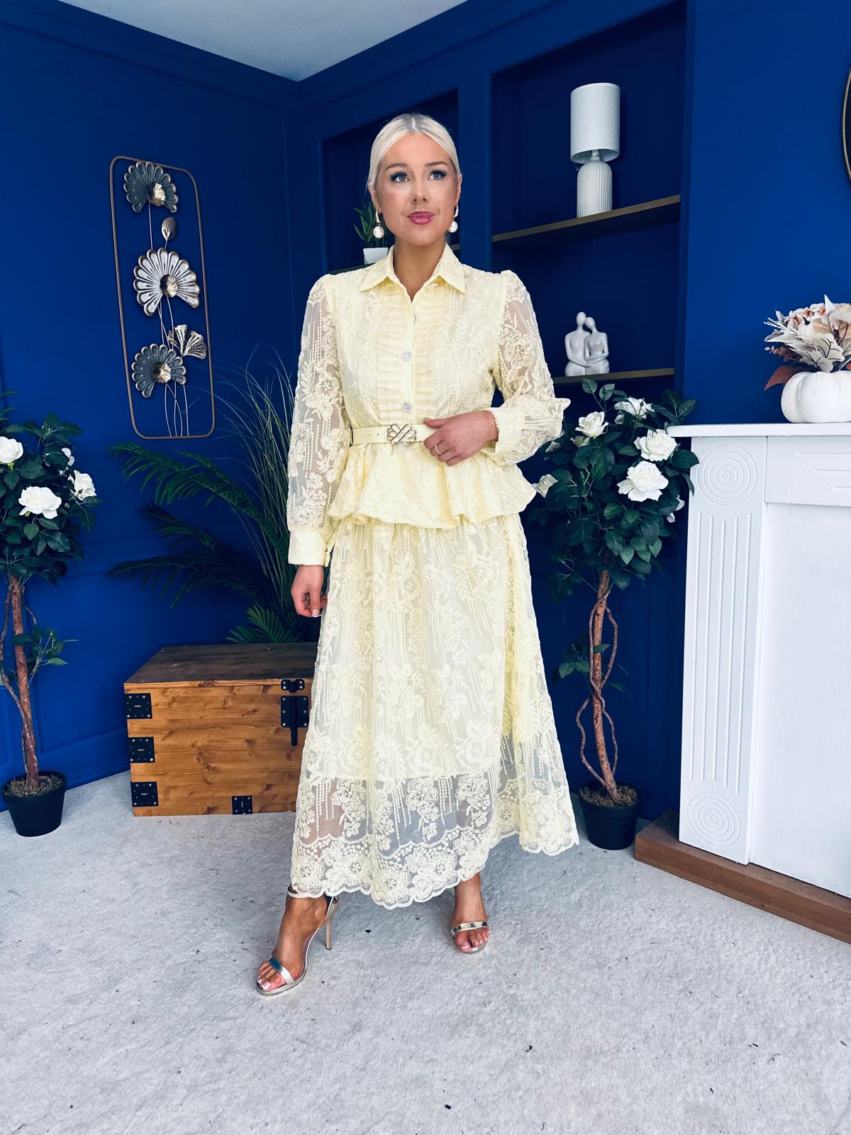 Judy Crochet Shirt & Skirt Set Yellow