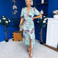 Trasa Wrap Top Ruched Detail Midi Dress Floral Duck Egg