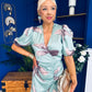 Trasa Wrap Top Ruched Detail Midi Dress Floral Duck Egg