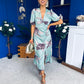 Trasa Wrap Top Ruched Detail Midi Dress Floral Duck Egg