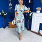 Trasa Wrap Top Ruched Detail Midi Dress Floral Duck Egg