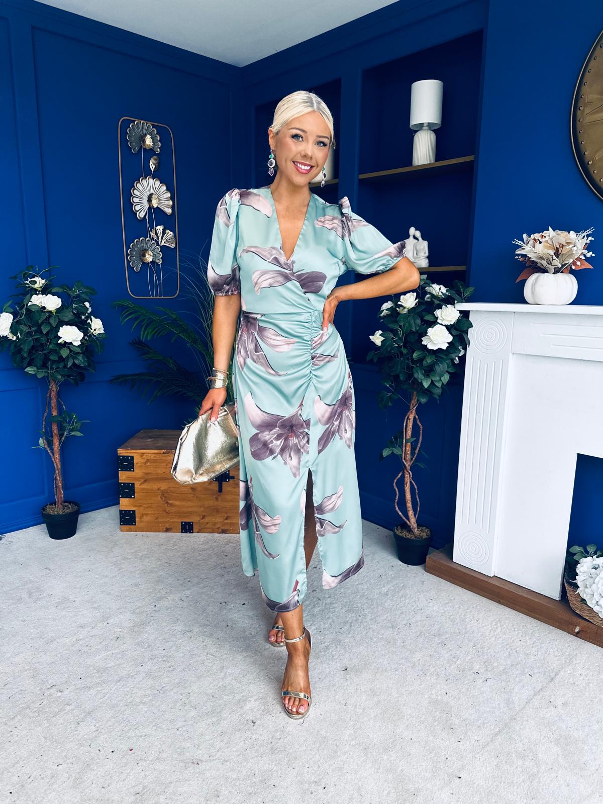 Trasa Wrap Top Ruched Detail Midi Dress Floral Duck Egg